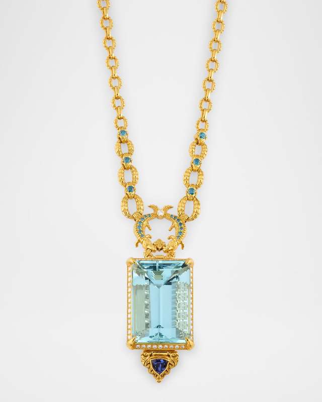 18K Yellow Gold Diamond, Aquamarine and Tanzanite Statement Necklace